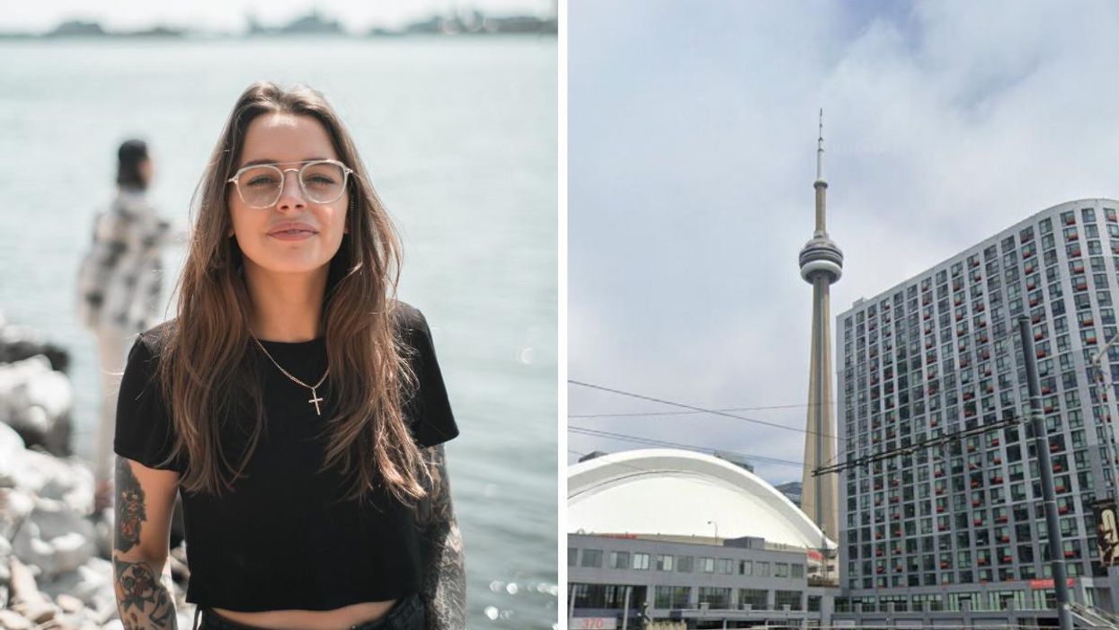 A tattooed person being photographed. Right: The CN tower.