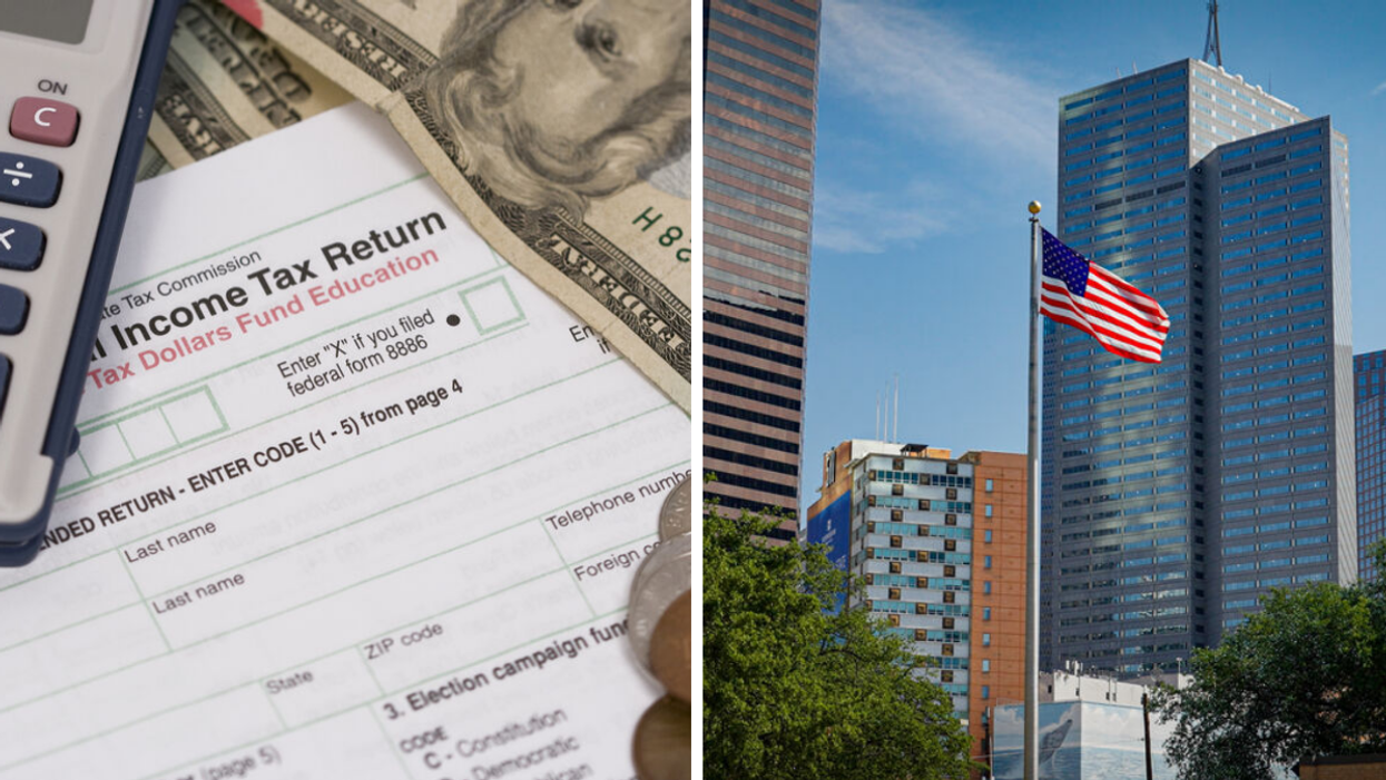 A tax return document. Right: An American flag in Dallas, TX.