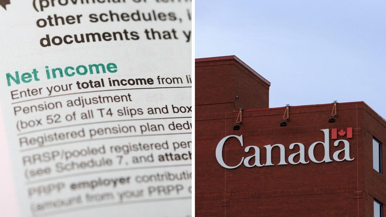 A tax return. Right: A government of Canada building.