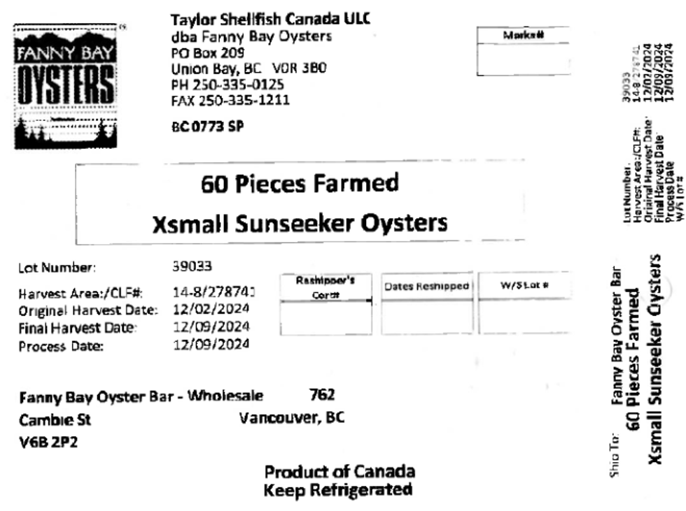 A Taylor Shellfish oyster label.\u200b