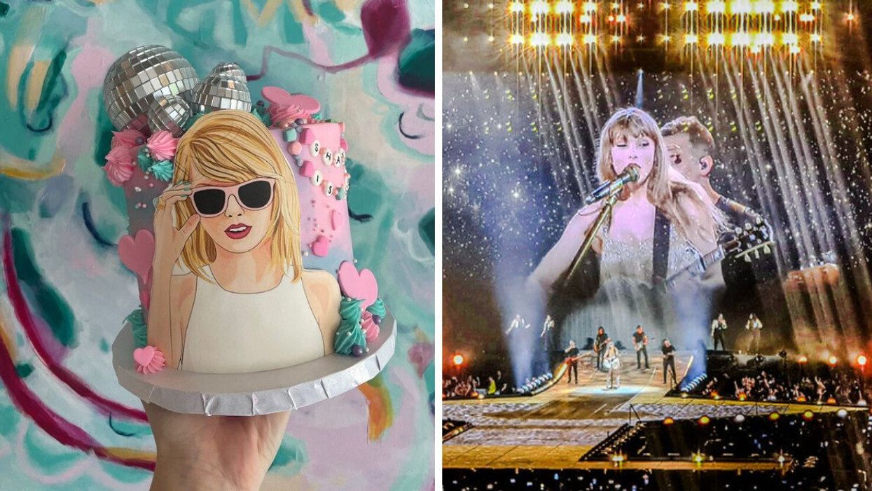 A Taylor Swift cake. Right: Taylor Swift at a concert.