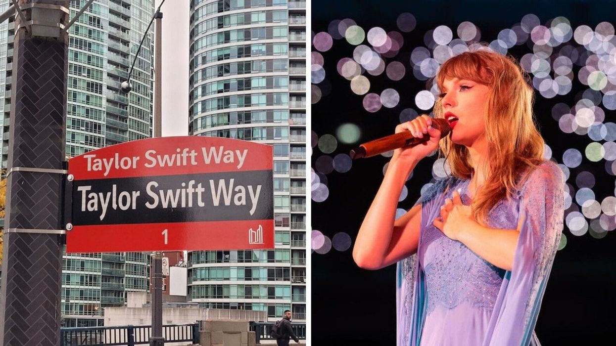 A Taylor Swift road sign. Right: Taylor Swift singing.
