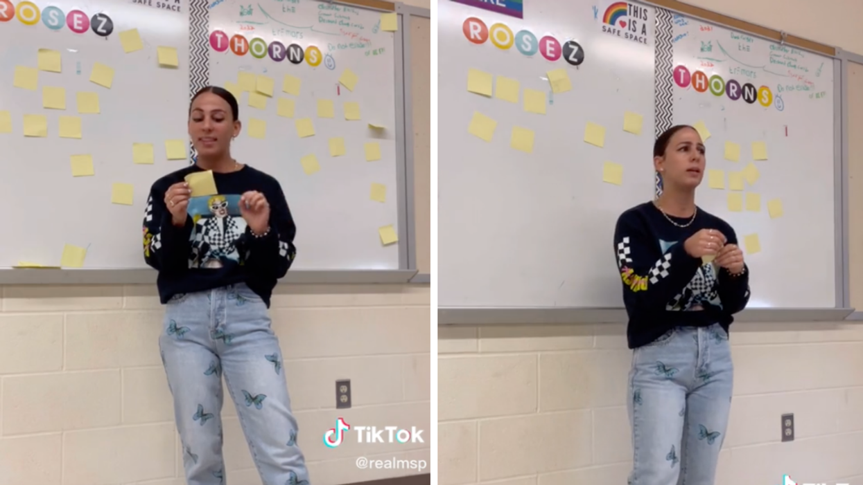 A teacher reading out the "thorns" of the week. Right: A teacher reacting to the "thorns" of the week.