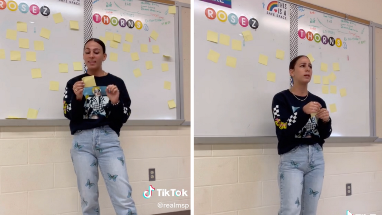 A teacher reading out the "thorns" of the week. Right: A teacher reacting to the "thorns" of the week.