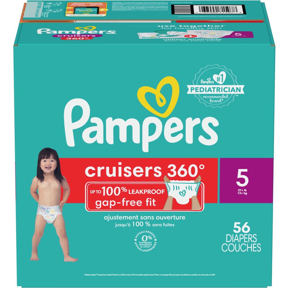 A teal box of Pampers Cruisers 360 Diapers Size 5, 56 Diapers.