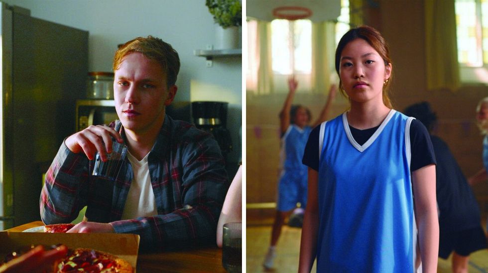 A teen sitting at a table with friends looks sad and disconnected while drinking soda. Right: A teenager in a basketball shirt stares vacantly. 