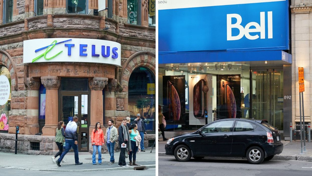 A Telus store. Right: A Bell store.