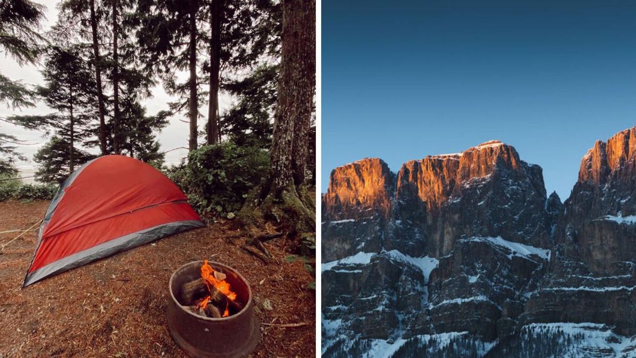 A tent and campfire. Right: Castle Mountain in Alberta.