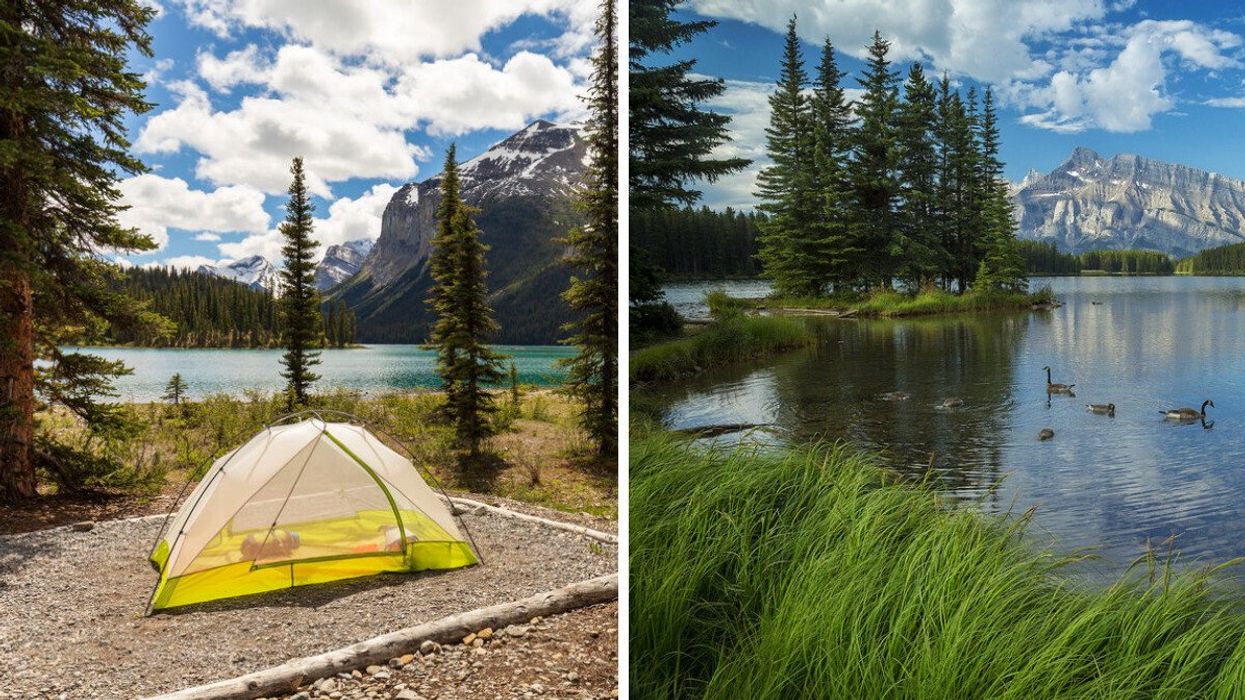 A tent by a lake in Jasper National Park. Right: Two Jack Lake in Alberta