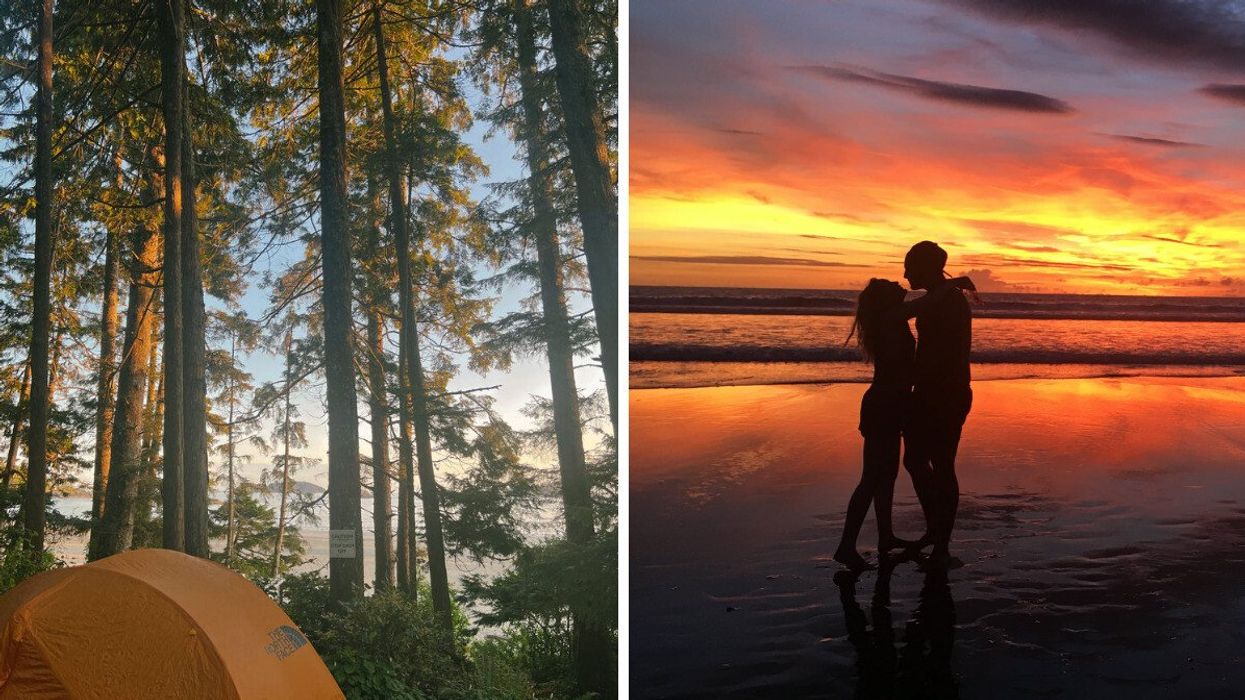 A tent in Tofino, B.C. Right: A couple on a beach, with a sunset background.