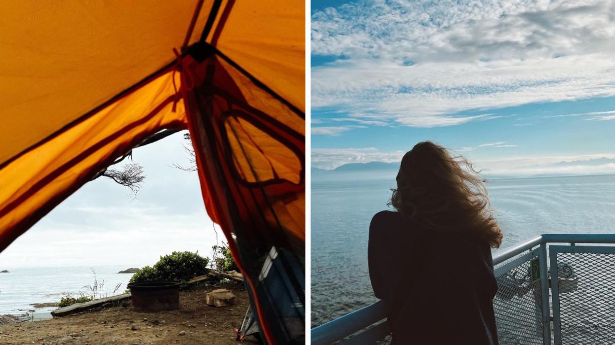 A tent on the beach in Ucluelet, B.C. Right: Person on BC Ferry to Vancouver Island.
