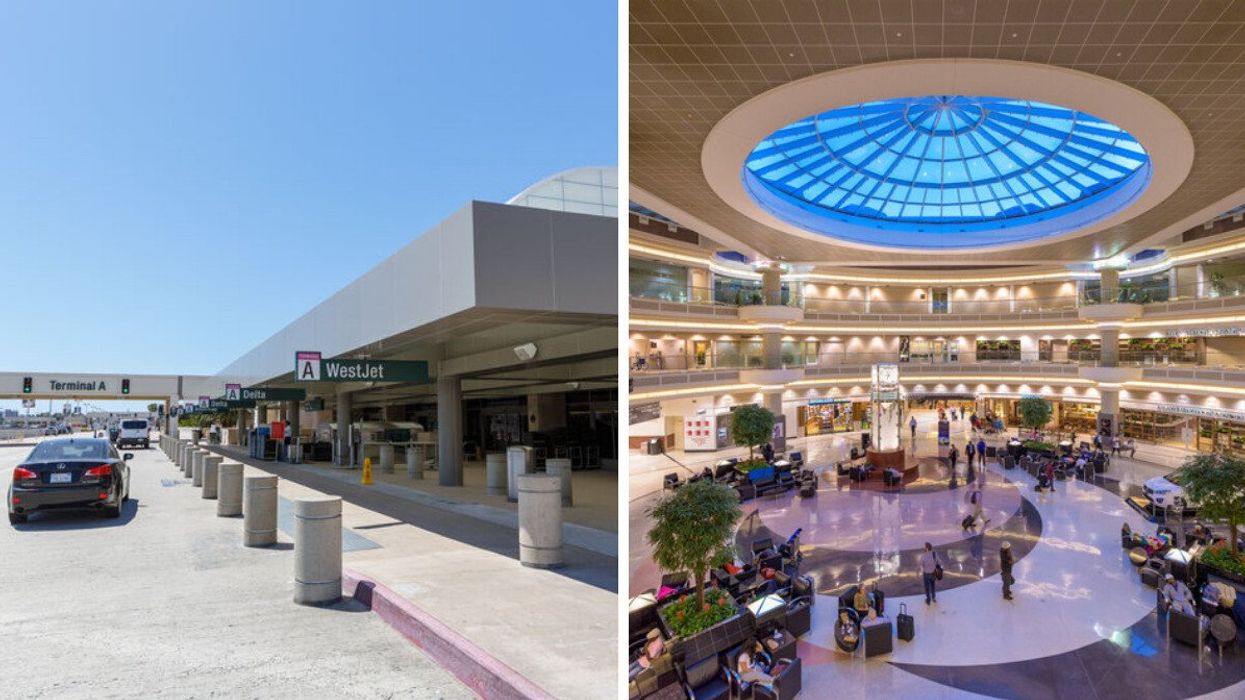A terminal at the John Wayne Airport in California. Right: Inside the Hartsfield–Jackson Atlanta International Airport in Georgia.