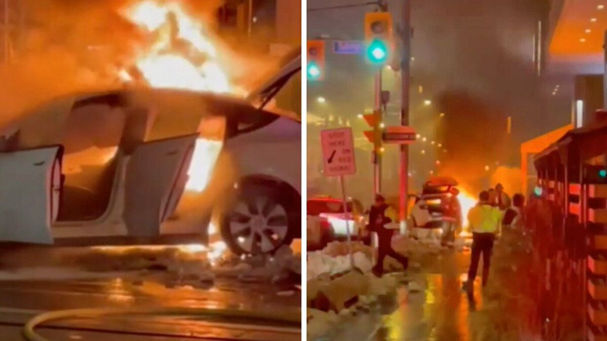 A Tesla burst into flames on a downtown Toronto street.