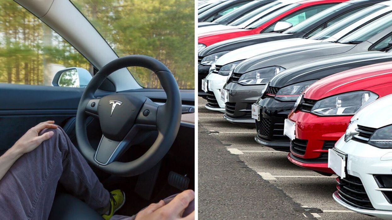 A Tesla Model 3 in autopilot mode. Right: Cars on a lot.