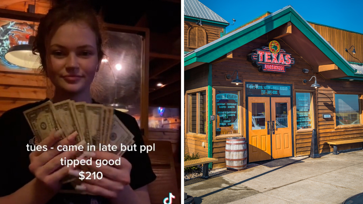 A Texas Roadhouse Server counting her tips. Right: The exterior of a Texas Roadhouse restaurant.