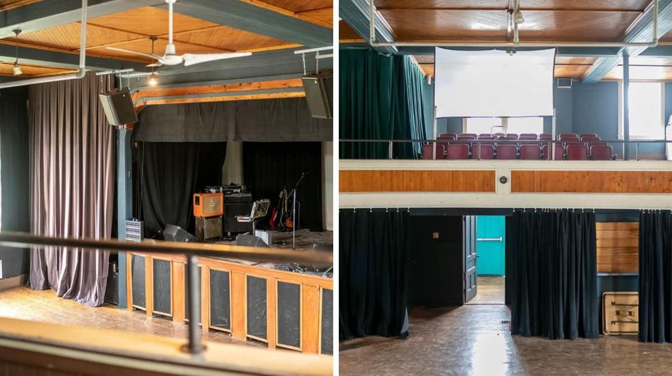 A theatre space with a stage. Right: Mezzanine seating in a theatre.