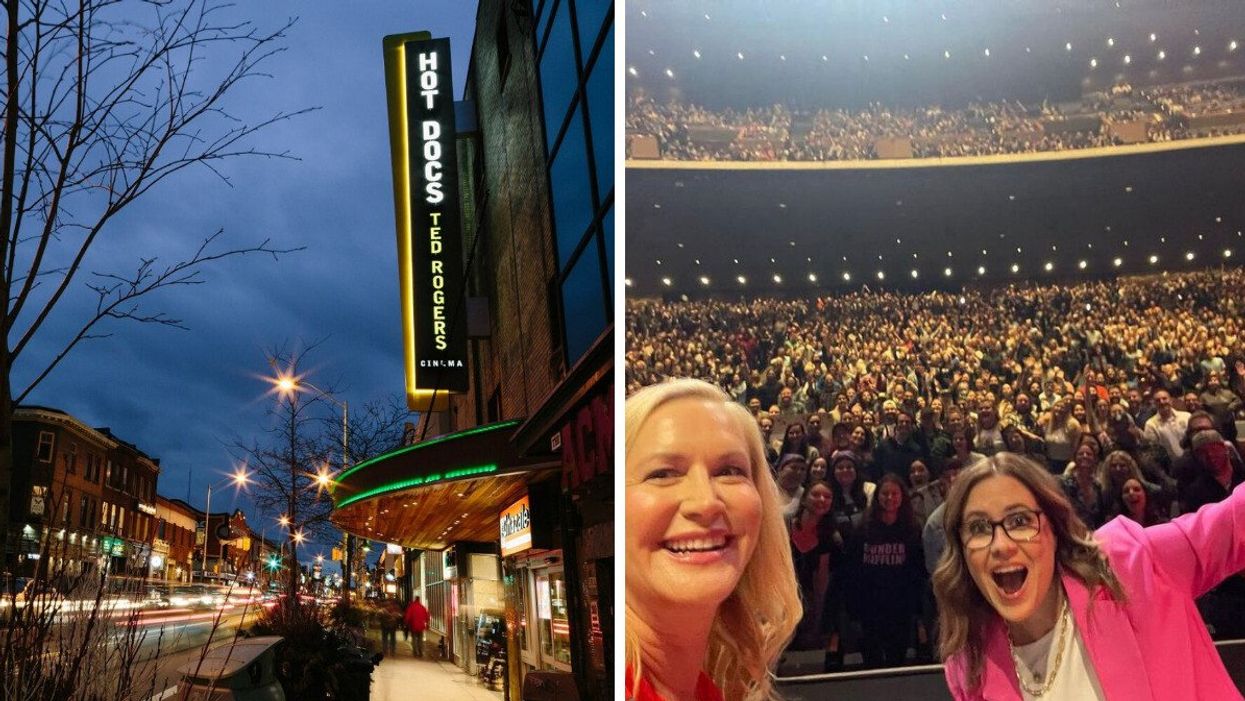 A theatre with a sign that says Hot Docs Ted Rogers Cinema. Right: Two women taking a selfie with the audience behind them.