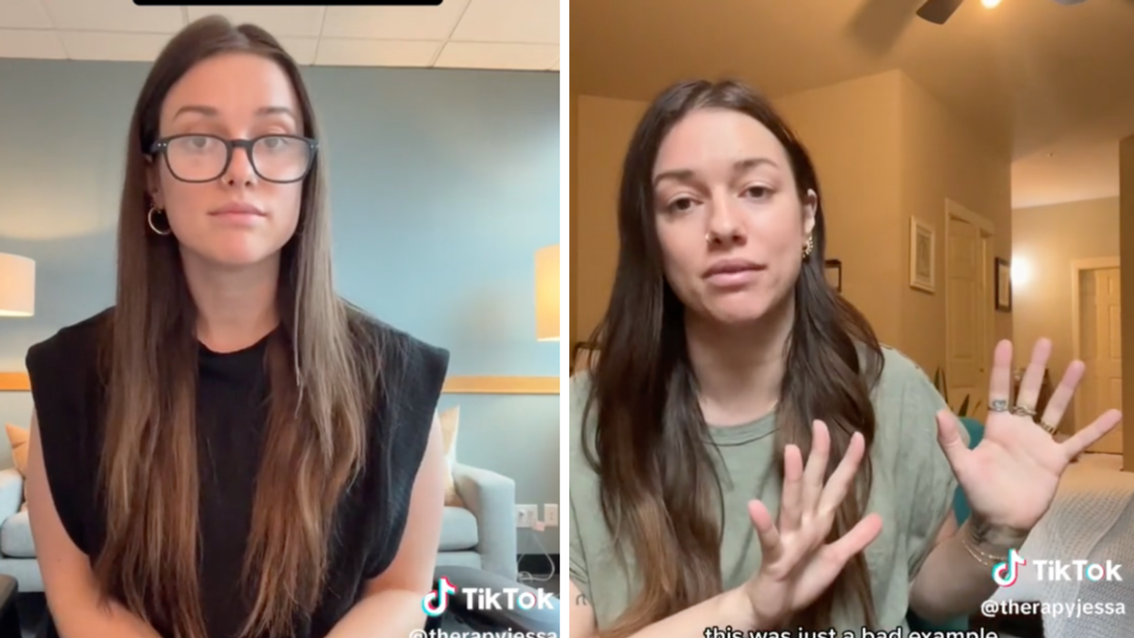 A therapist talking about what makes her a good therapist. Right: The therapist apologizing for her previous video.