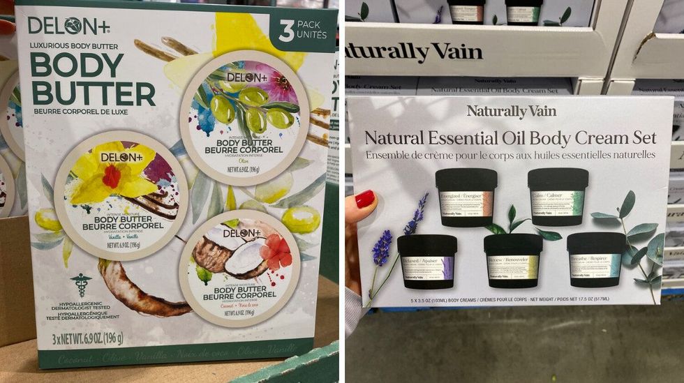 A three-pack of body butter at Costco. Right: A pack of a body cream set at Costco.