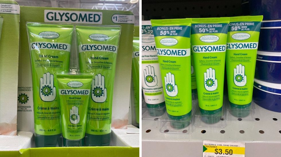 A three-pack of hand cream in green tubes at a store. Right: Green tubes of hand cream on a store shelf.