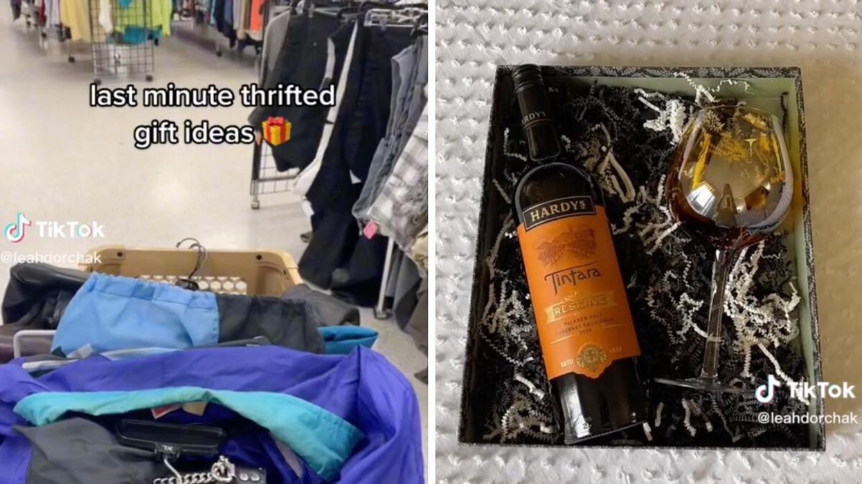 A thrift store. Right: A gift of a bottle of liquor and a wine glass.