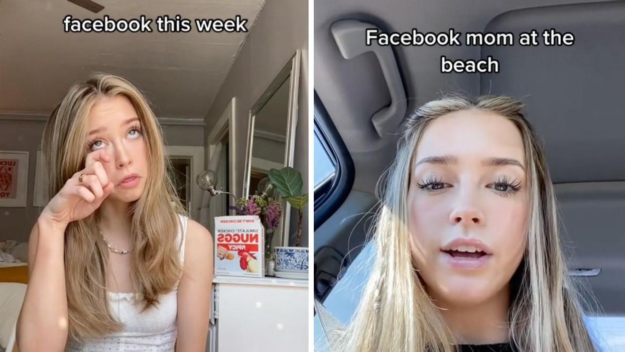 A TikTok of Lauren wiping a fake tear. Right: A TikTok of Lauren captioned "Facebook mom at the beach."