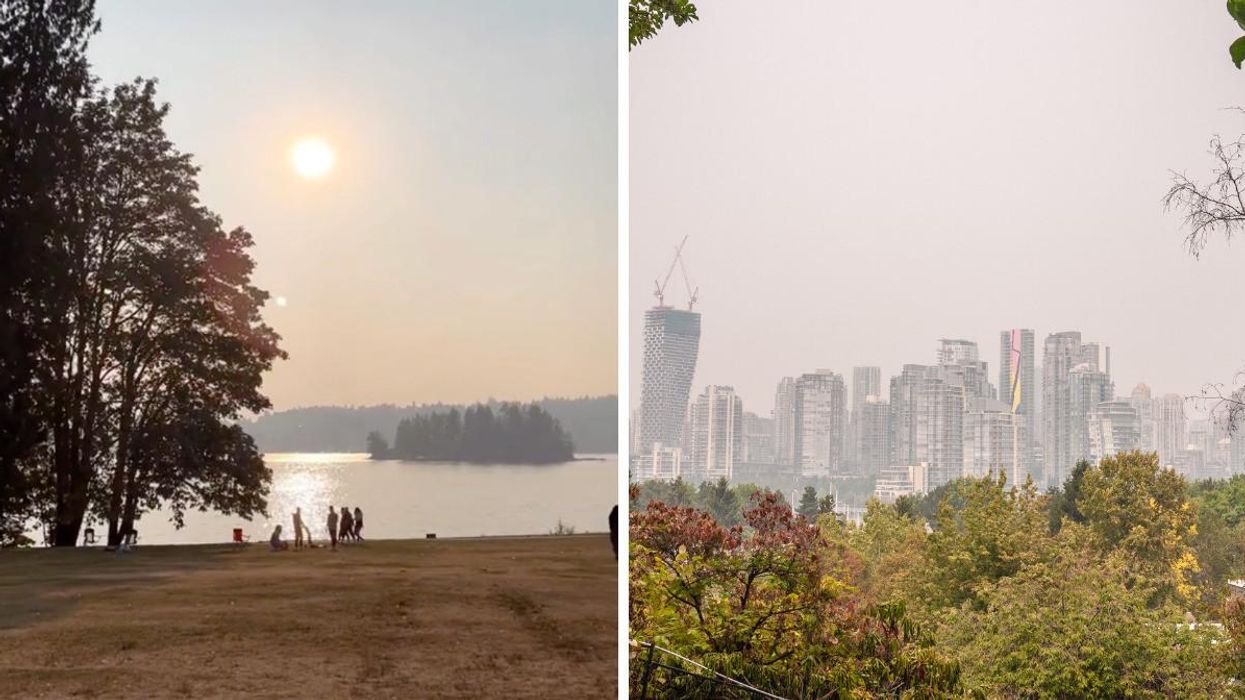 A TikTok of the smoke in Vancouver. Right: City of Vancouver with smoky air.