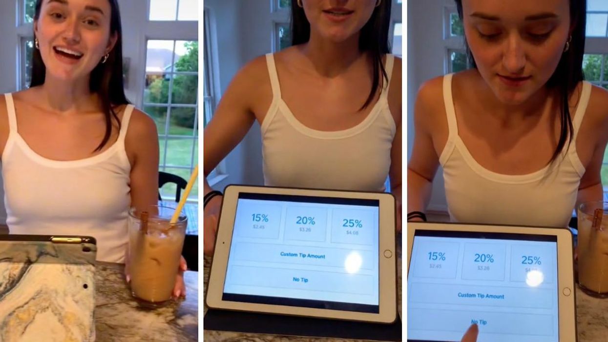 A TikTok user mocks coffee shop tipping culture.