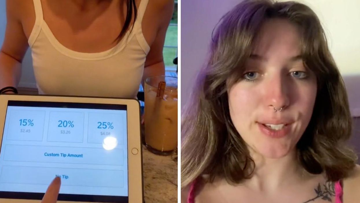 A TikTok user mocks tablet tipping. Right: Another TikTok user explains tipping at her last job.