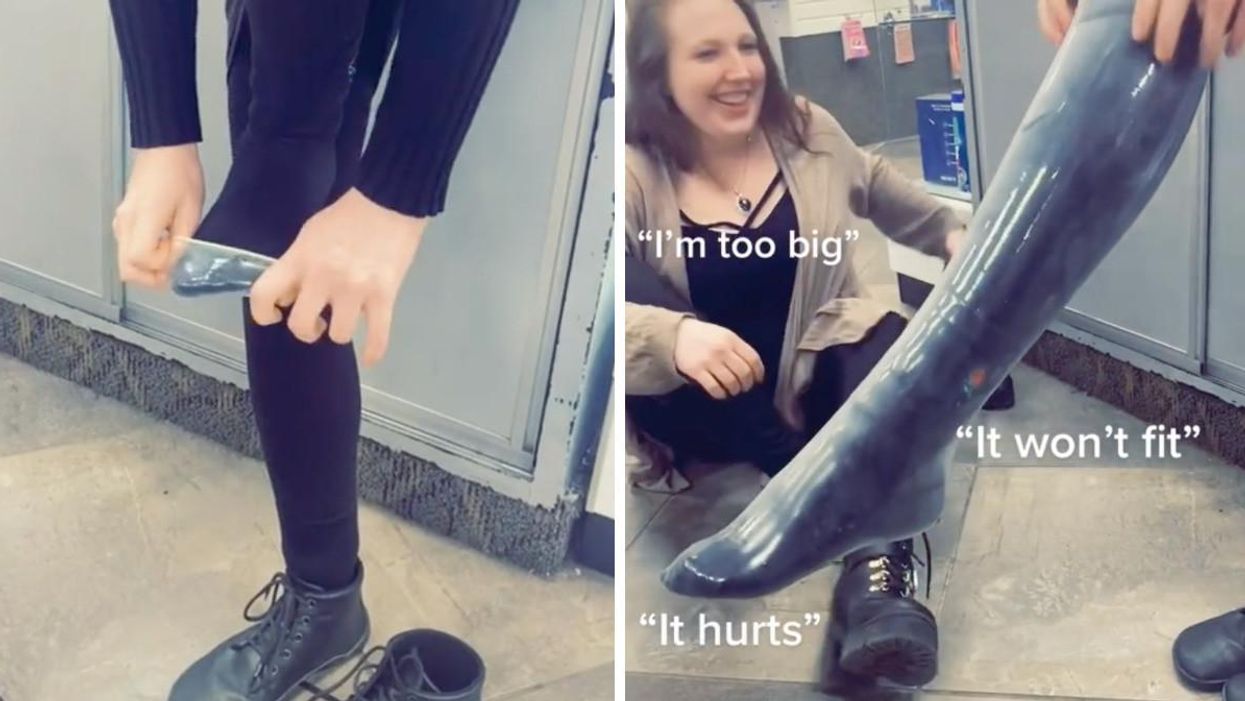 A TikTok user putting a condom on their leg.
