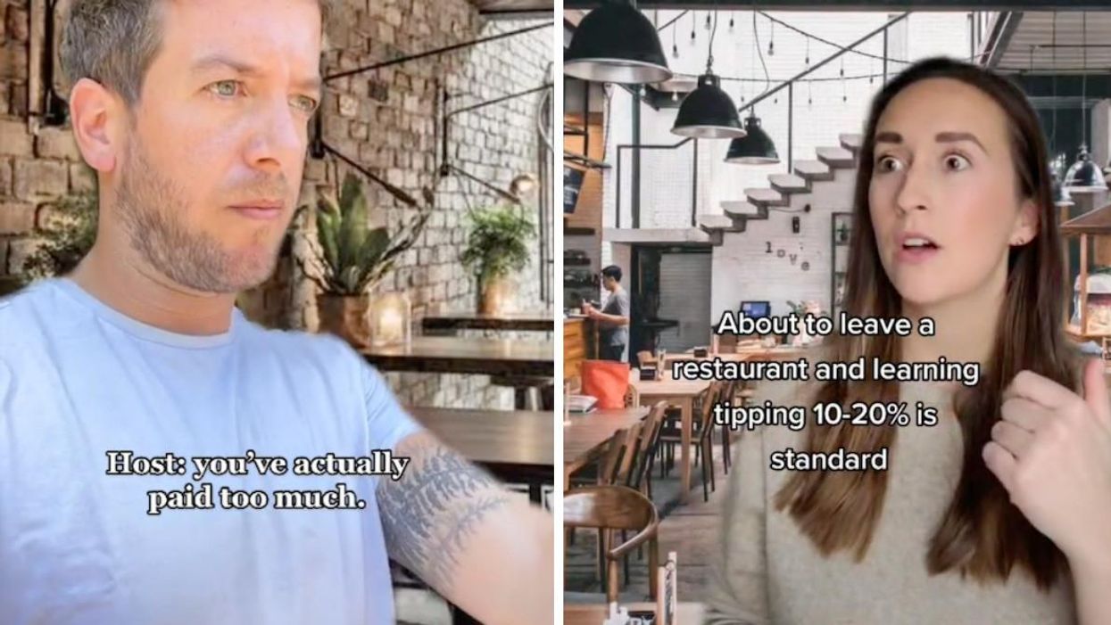 A TikTok with that says: "Host: You've actually paid too much." Right: A TikTok that says: "About to leave a restaurant and learning tipping 10-20% is standard."