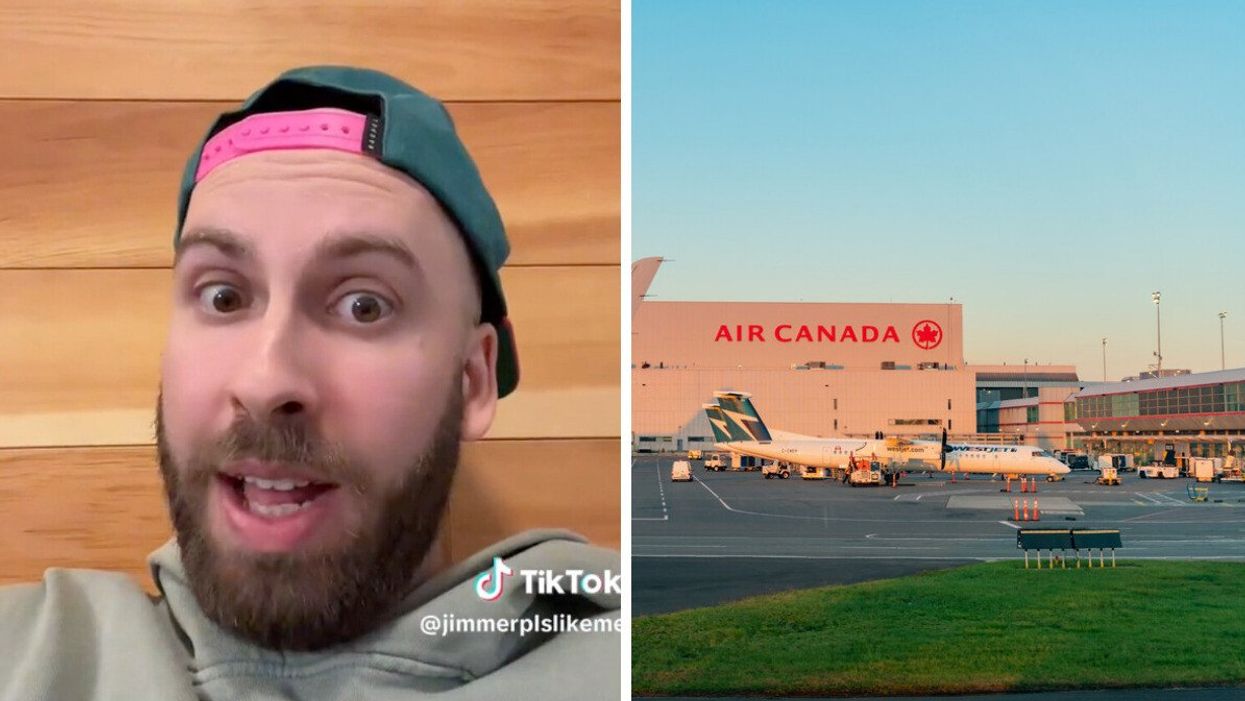 A TikToker commenting about the heist at Pearson Airport. Right: An Air Canada building at Pearson Airport.