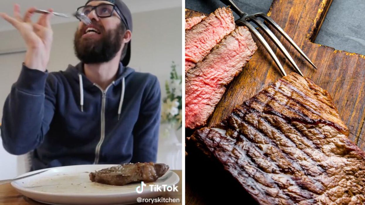 A TikToker eating a steak. Right: A medium rare beef steak.