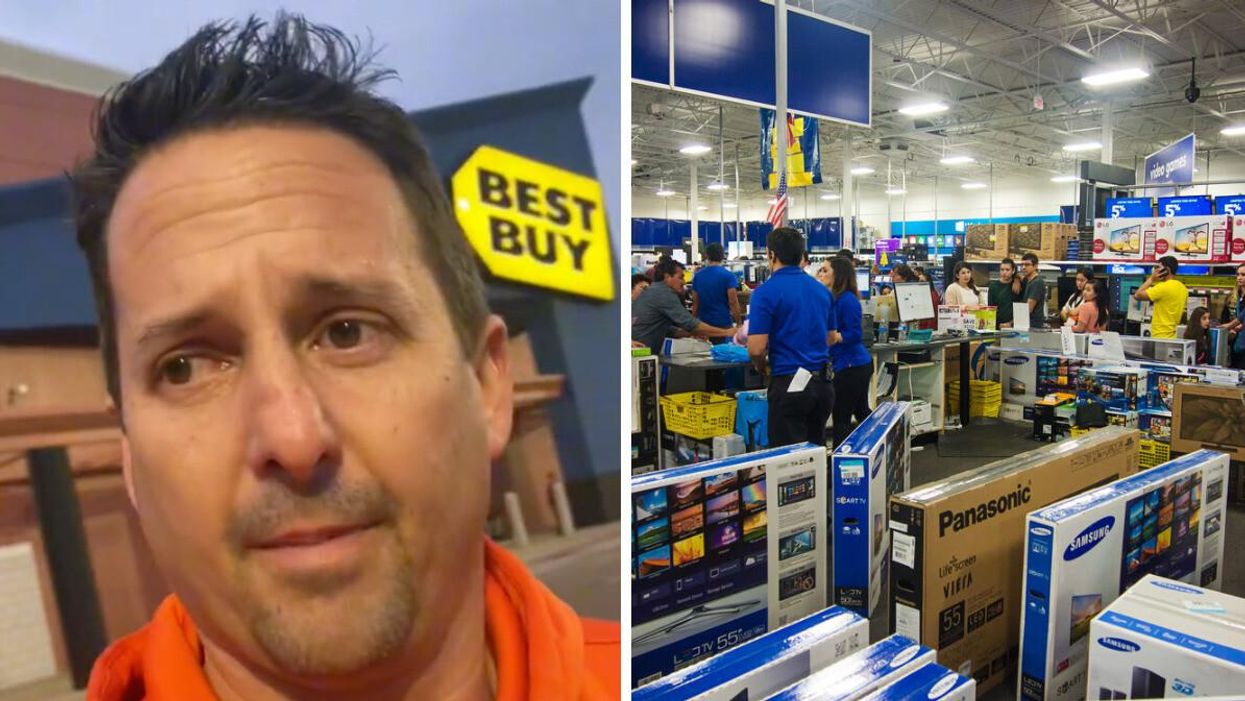 A TikToker explaining his concerns in a video. Right: Customers inside of a Best Buy.