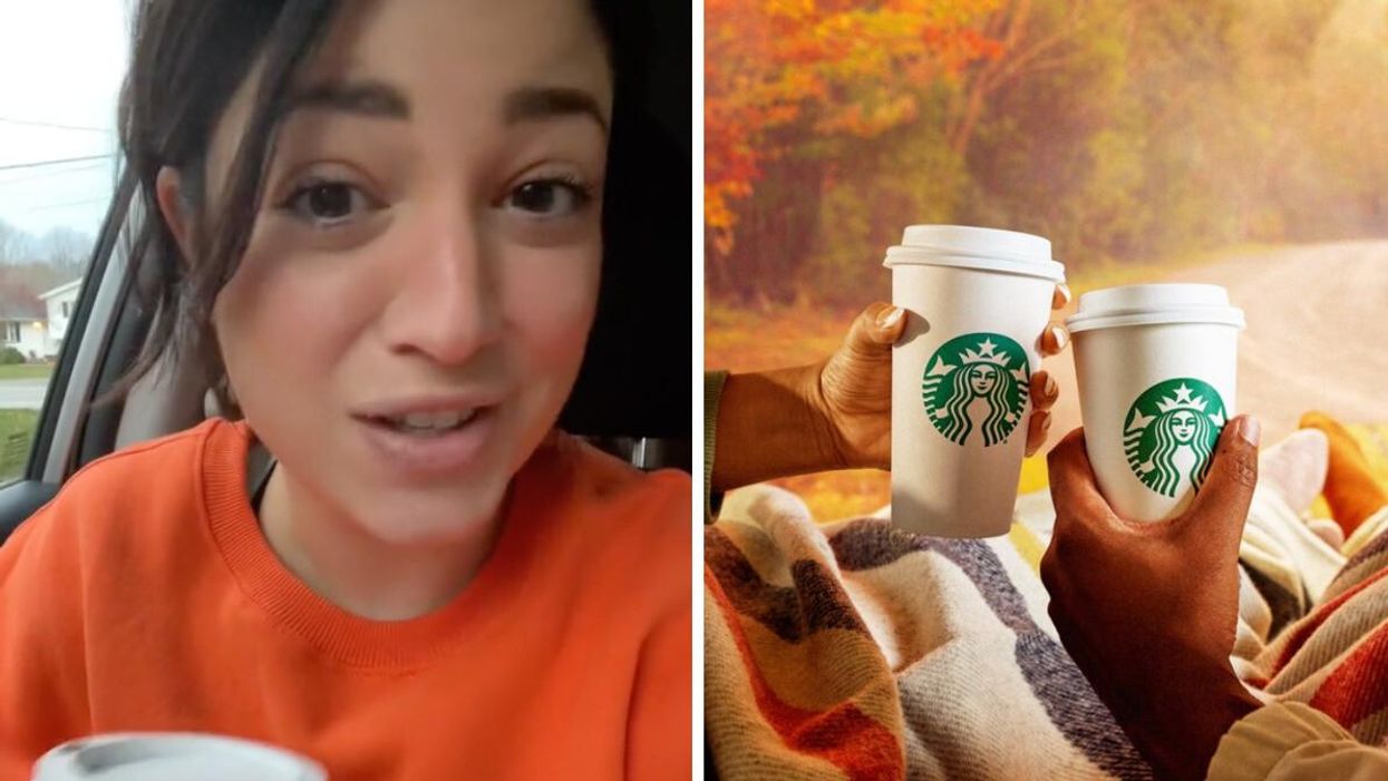 A TikToker explaining the Starbucks hack in her video. Right: People holding their Starbucks drinks.