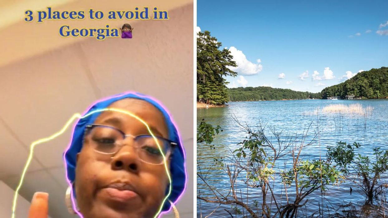 A TikToker explains where not to visit. Right: Lake Lanier in Georgia.