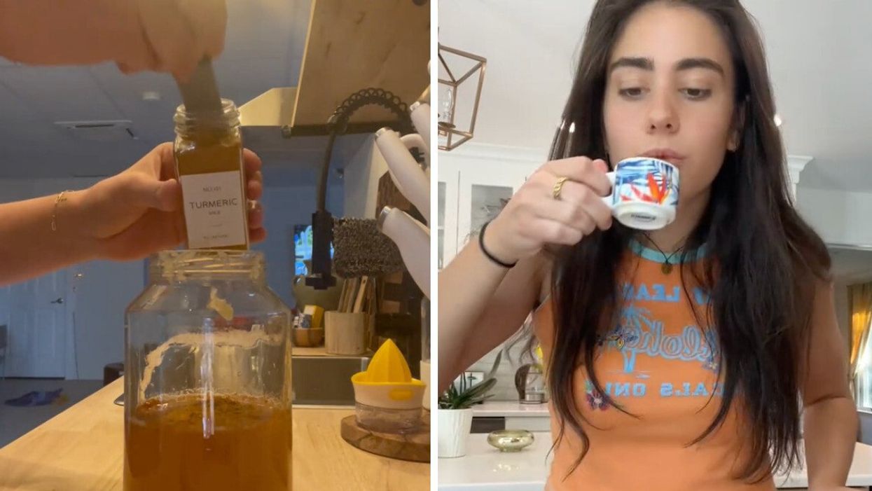 A TikToker making the "skinny girl shots." Right: A TikToker drinking a "skinny girl shot."
