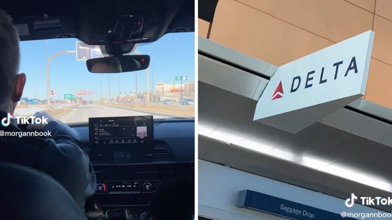 A TikToker on their way to cross the US border. Right: A Delta Airlines sign at Buffalo Niagara International Airport.