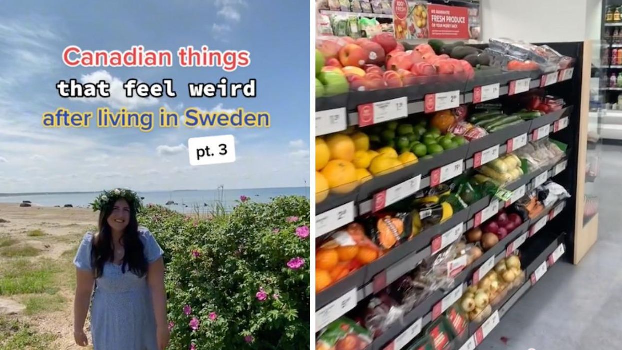 A TikToker posing in a flower crown. Right: Shelves of produce.