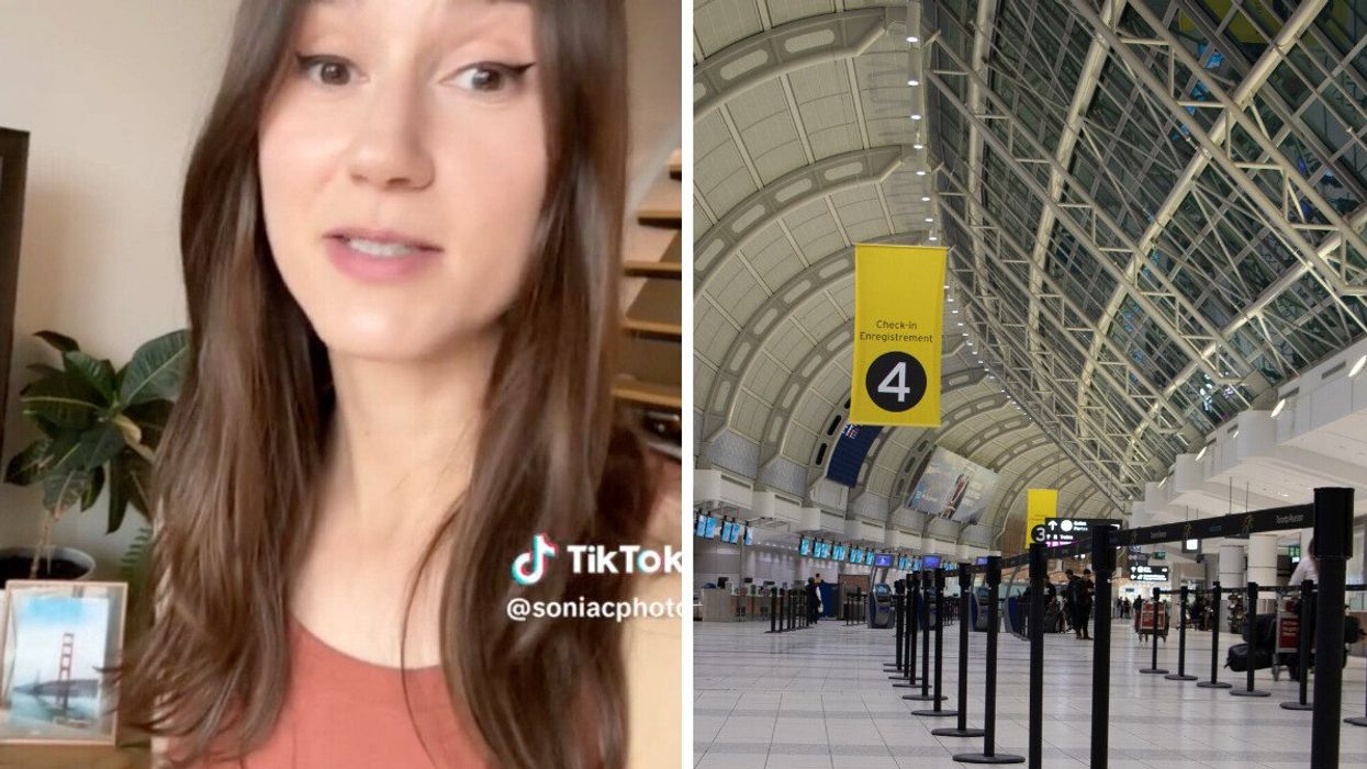 A TikToker sharing her ArriveCAN tip for going through customs. Right: A terminal at Pearson Airport.