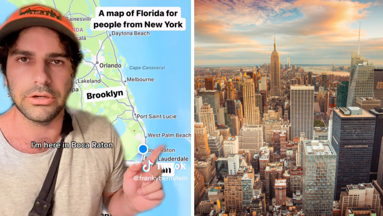 A TikToker sharing his comparison on the Map. Right: A bird's-eye view of New York City.