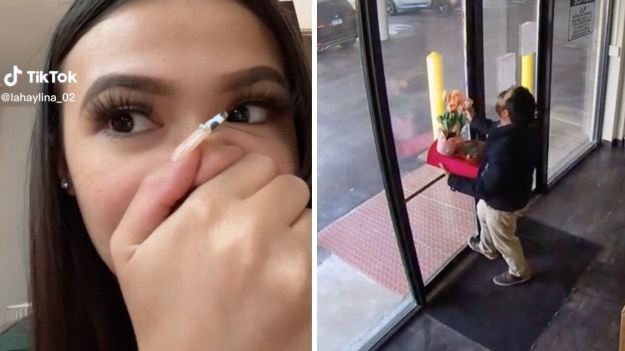 A TikToker shocked over her Valentine's Day fail. Right: A man struggling with his Valentine's Day gifts.