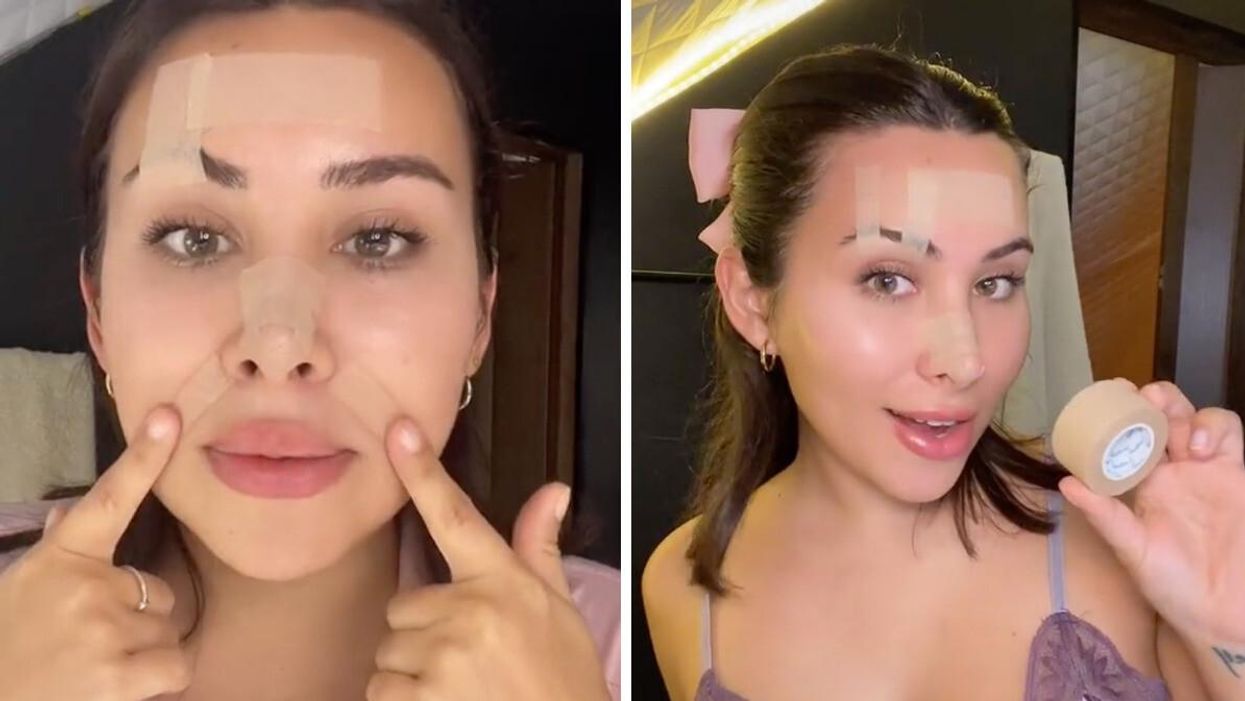 A TikToker showing how she applies tape to her face.