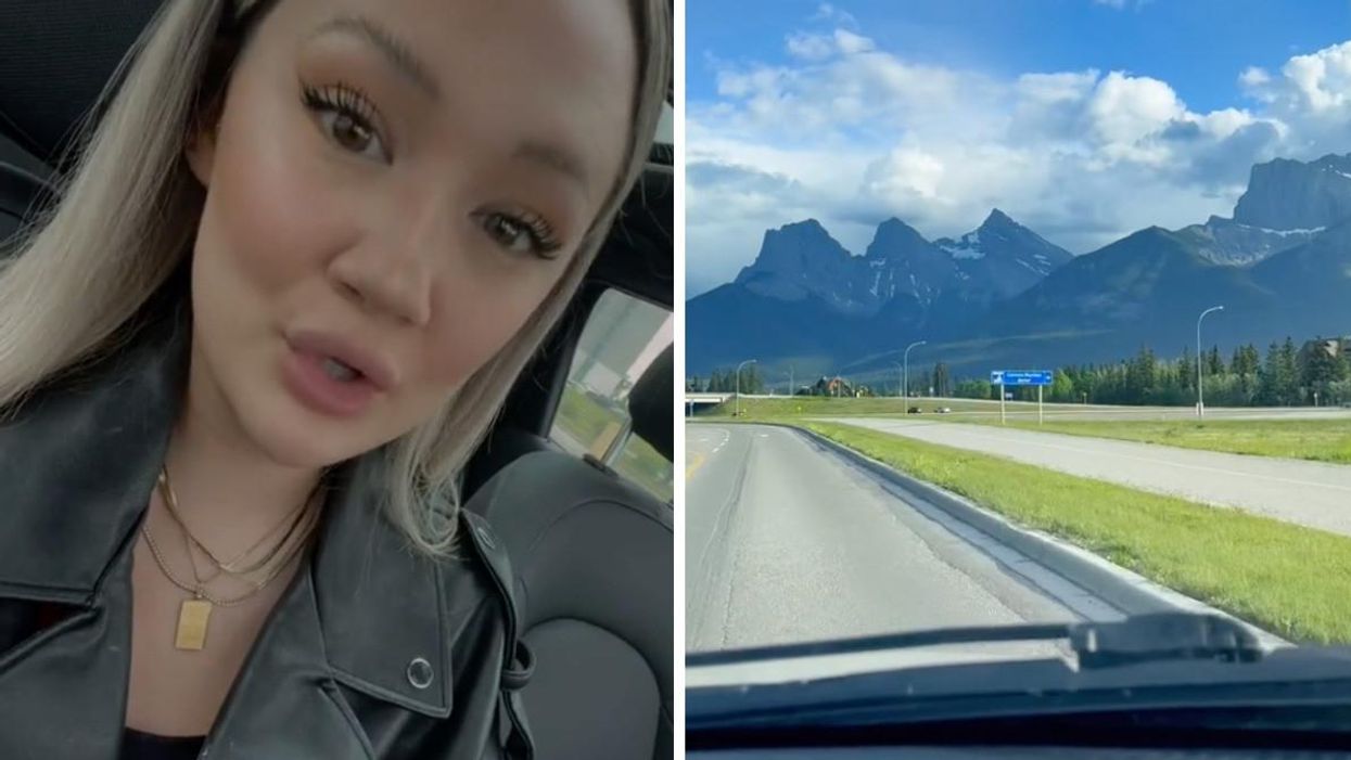 A TikToker talking about moving to Alberta. Right: Mountain view in Alberta.