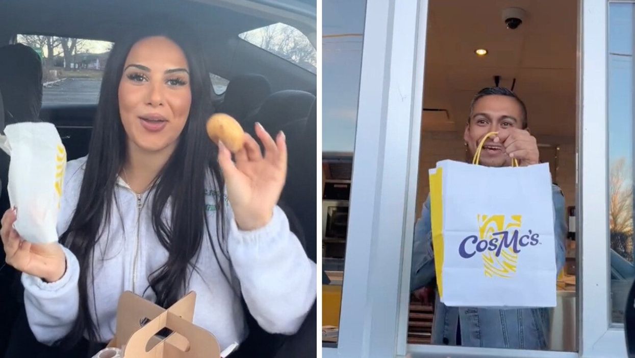 A TikToker trying CosMc's McPops. Right: A CosMc's employee handing over a bag of treats in a drive thru.
