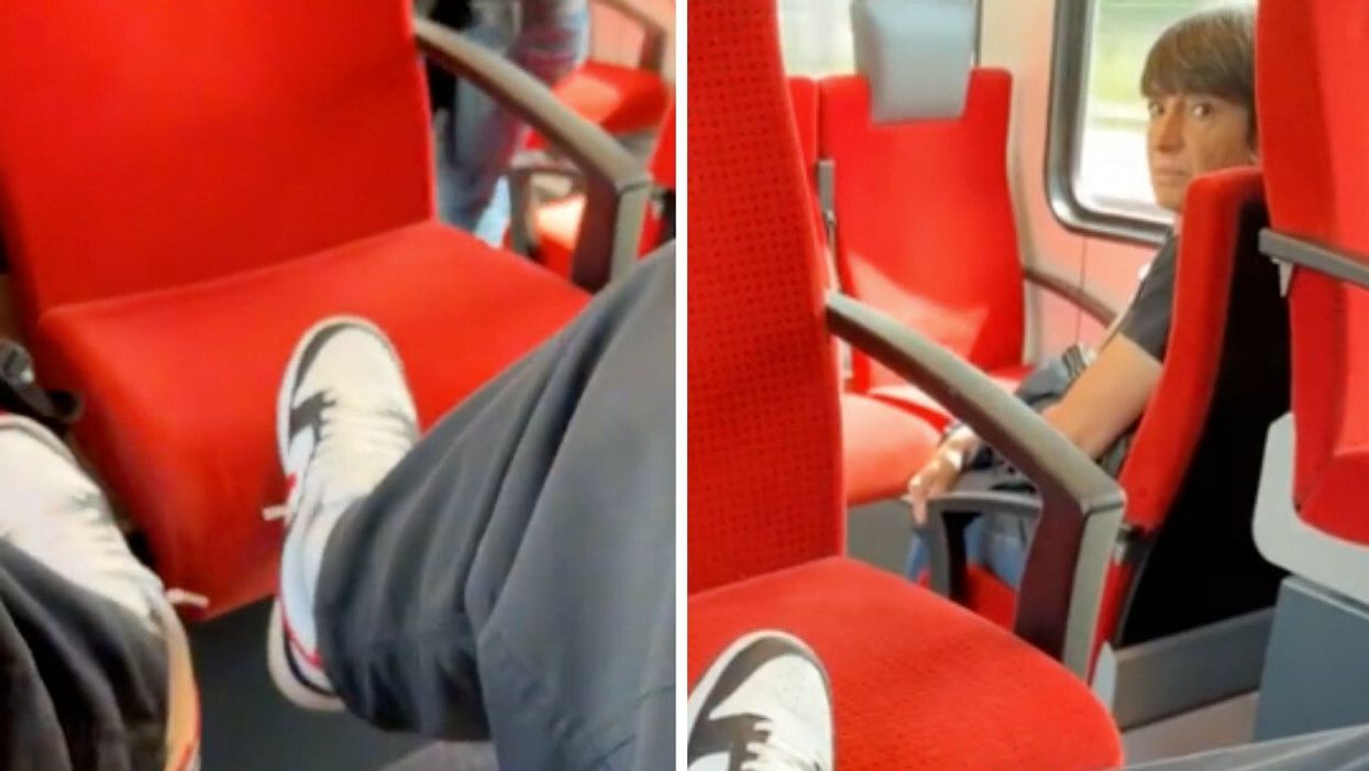 A TikToker with his feet up on a train. Right: A Train passenger reacts to someone with his feet on the seats.
