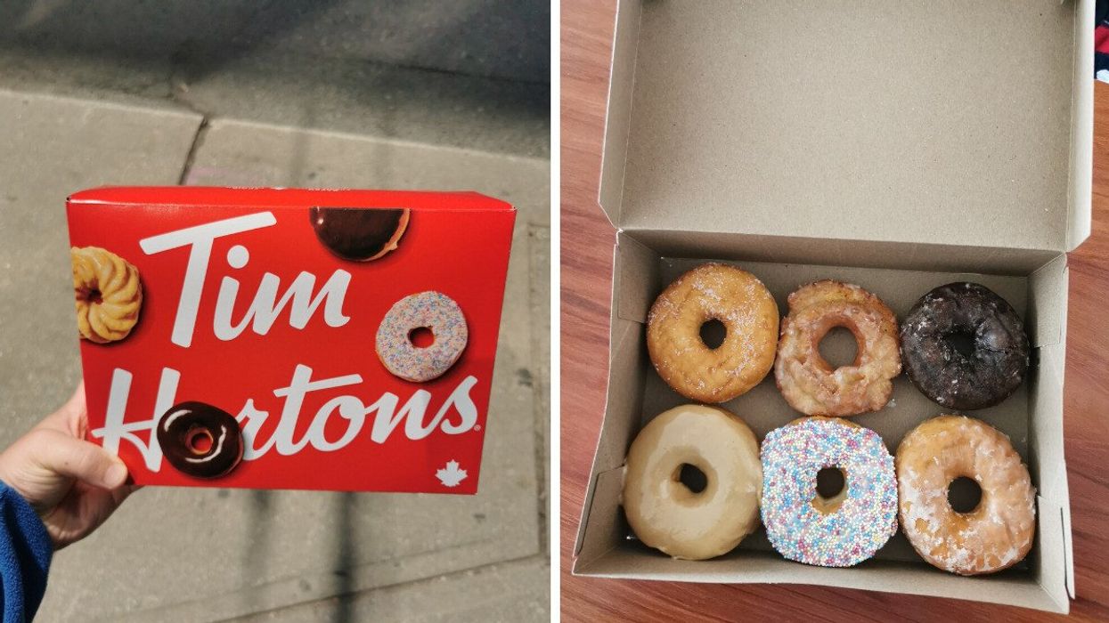 A Tim Hortons box. Right: Donuts in a Tim Hortons box.
