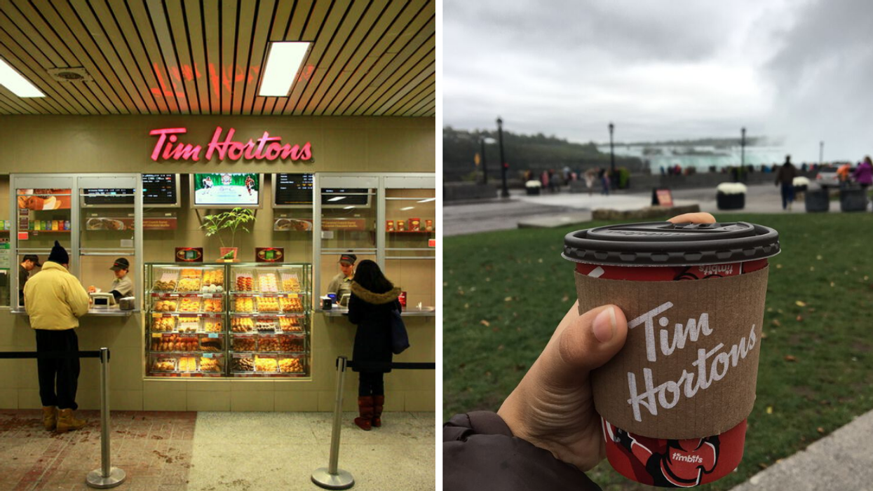 A Tim Hortons cafe in Toronto. A hot chocolate in Niagara Falls.