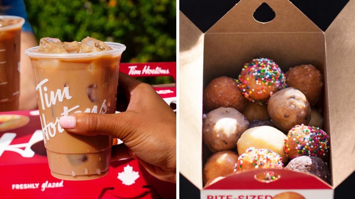 A Tim Hortons coffee. Right: A box of Timbits.