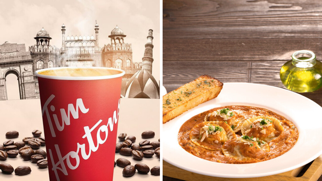 A Tim Hortons coffee. Right: Ravioli Pasta available at Tim Hortons India.